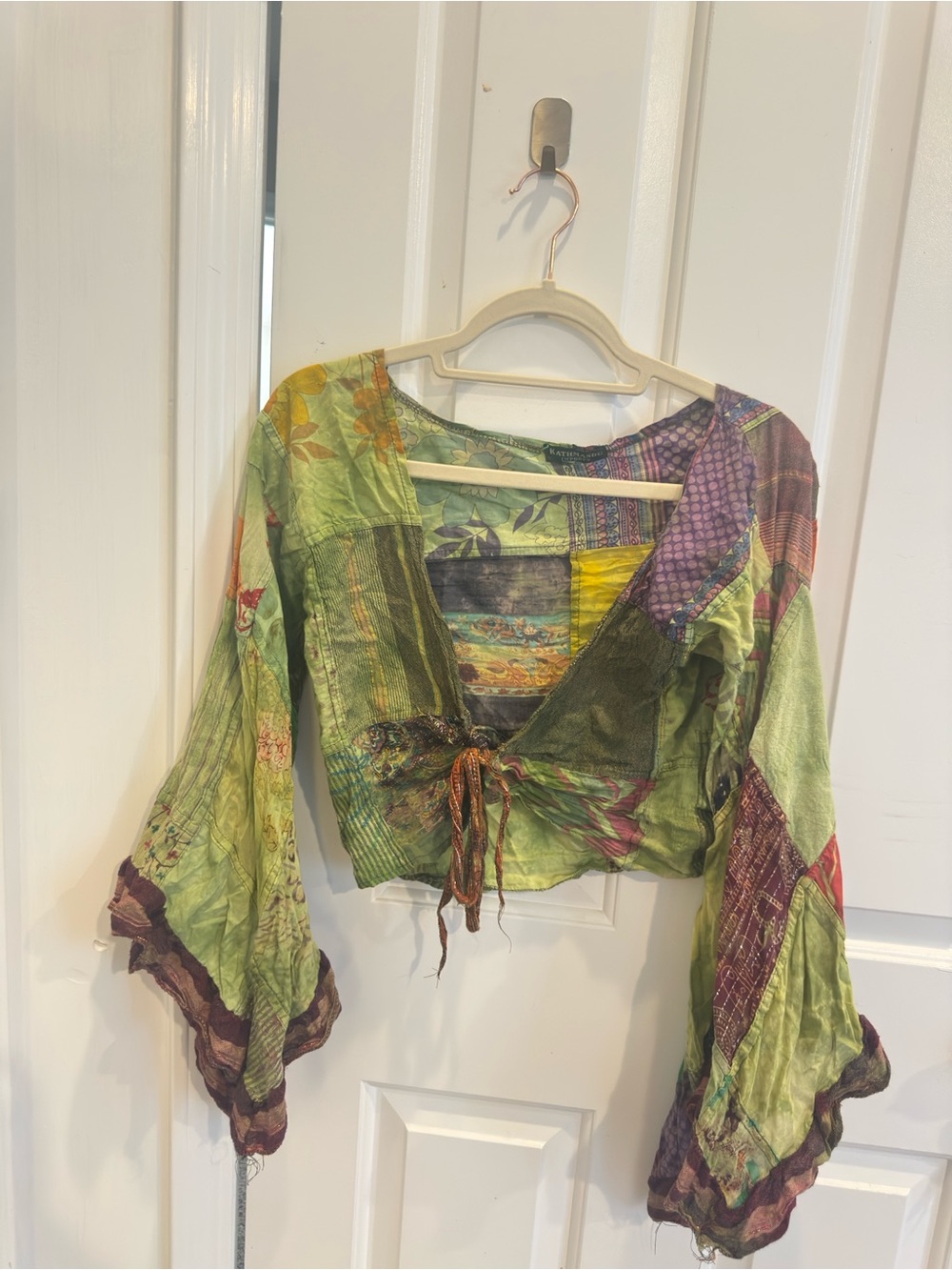 Kathmandu Green Patchwork Tie-Front Boho Blouse